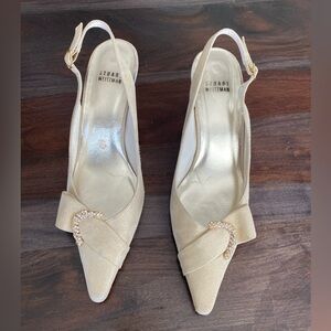 Stuart Weitzman tan and gold sling back pumps